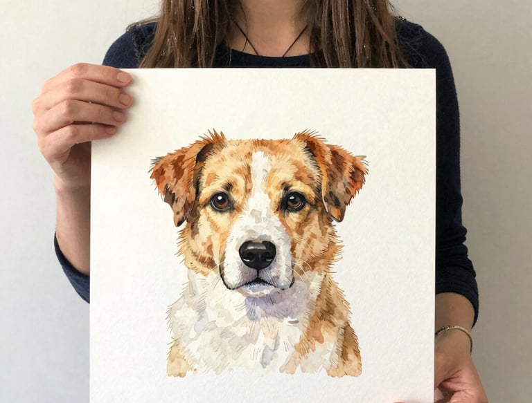 A framed gouache painting of a joyful golden retriever displayed on a minimalist white wall.