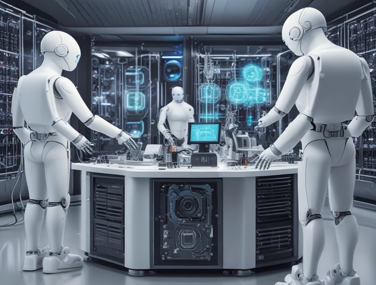 A diverse group of students engaging with AI course material on laptops and tablets in a cozy home setting.