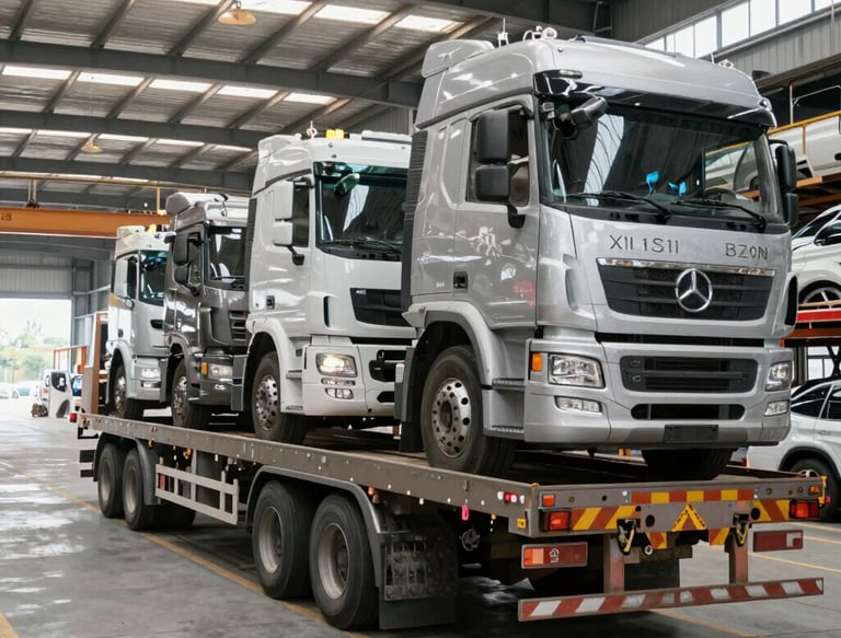 A vibrant map highlighting trade routes between Cameroon, Africa, and Europe with icons of machinery and vehicles.