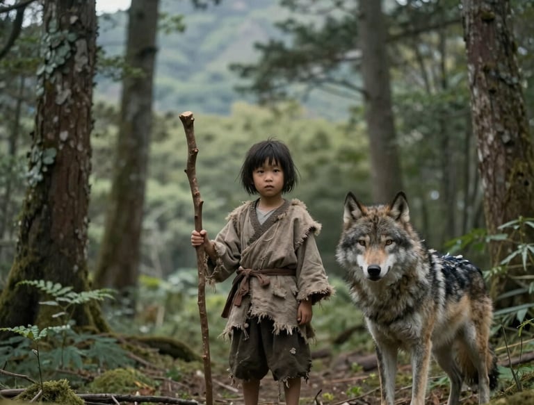 Illustration of Miki standing alone in a misty mountain village surrounded by ancient trees.