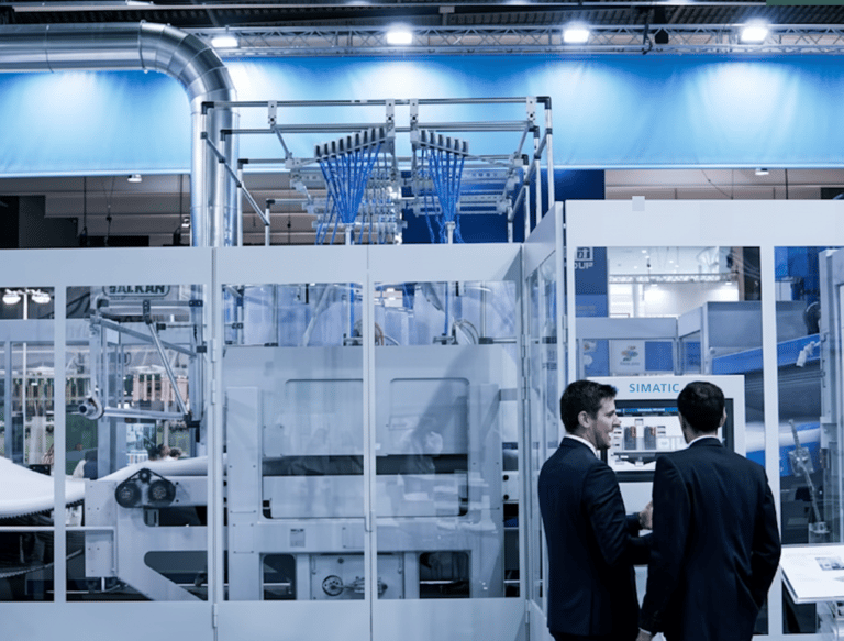 Diretor e Cliente da empresa verificando instalação de projeto de modernização e resultados gráficos