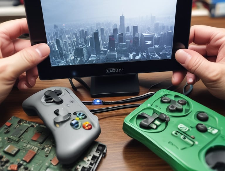 A computer monitor displays a webpage featuring an Xbox console and controller, with various repair options listed on the right. In front of the monitor, there is an actual Xbox console and a controller positioned on a white surface. A small USB device is placed between the console and the monitor.