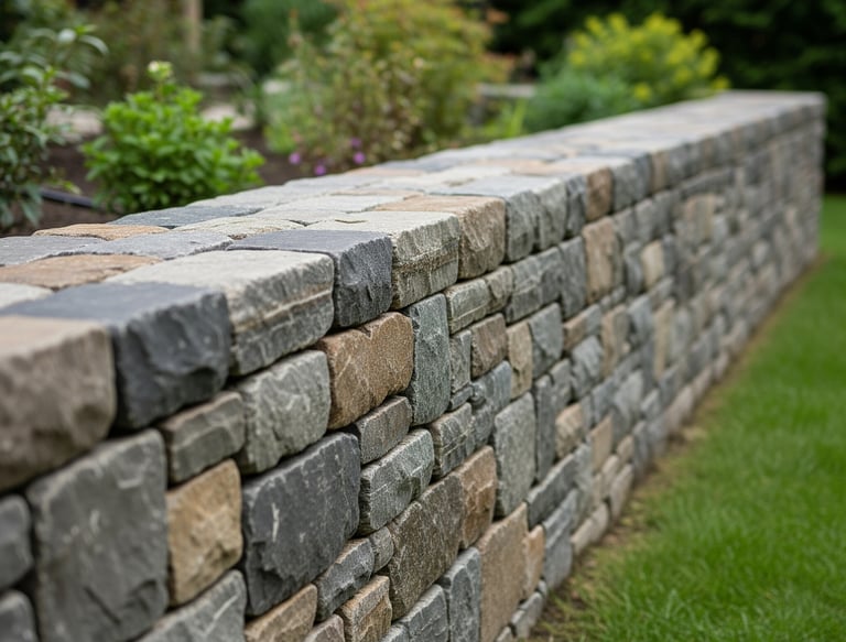 a stone and block wall with a flower bed