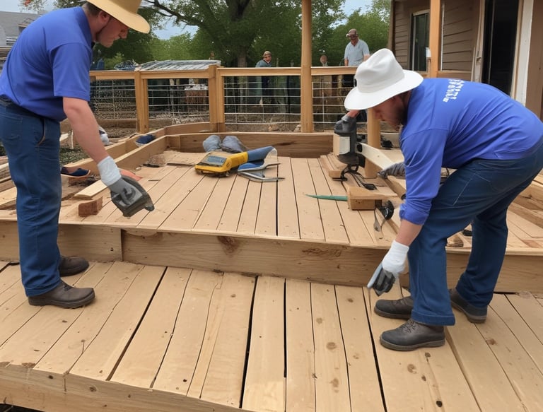 Deck being restructured new wood going over old with men in hats with Bgk handy services on the hats