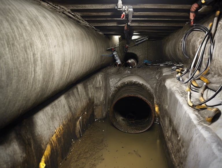 A silver industrial tanker truck with the branding 'Drain-Pro' is parked among greenery. An American flag is prominently displayed on a flagpole attached to the truck. In the foreground, there are ornamental grasses and blue flowers, while lush green trees provide a background.