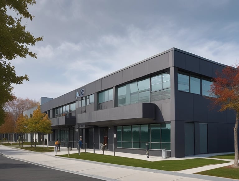 A commercial building with a modern design is visible, featuring dark gray vertical siding. The word