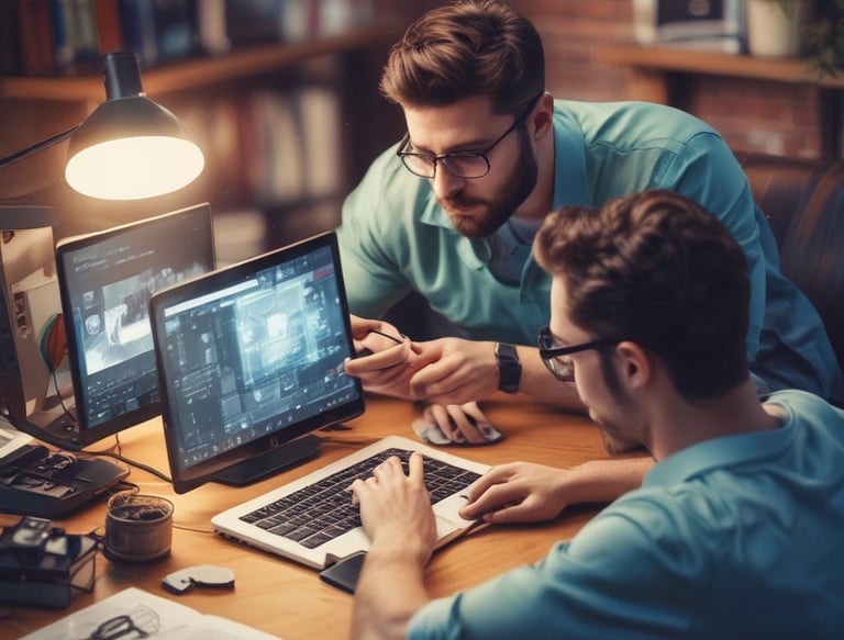 A diverse team of professionals collaborating around a computer, brainstorming ideas for a software project.