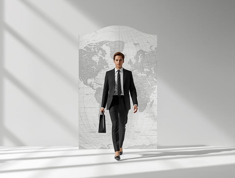 a man in a suit and tie walking down a white floor