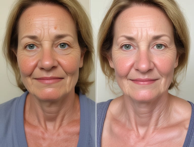 A close-up of a smiling woman enjoying a facial treatment, showcasing glowing skin and tranquility.