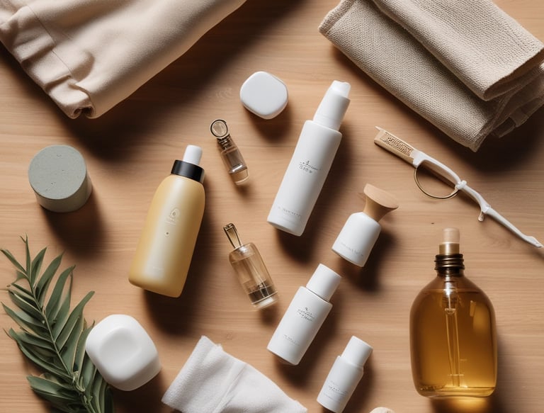 white and blue plastic bottles on brown wooden table