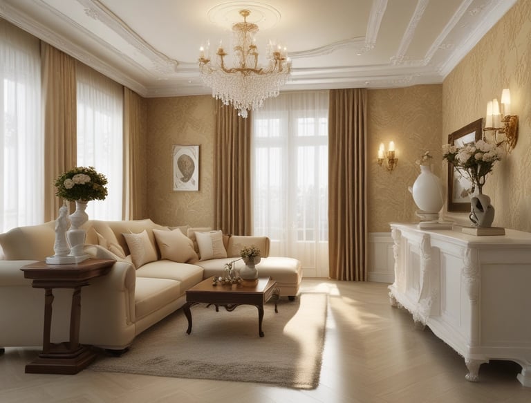 A modern architectural interior featuring a series of large, curved, beige panelled walls and ceiling. The design includes sharp lines and smooth curves, creating an organic and futuristic appearance. A small section of blue-tinted glass panels adds contrast to the predominantly warm color scheme.