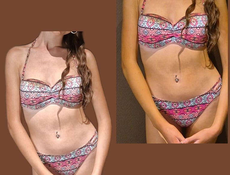 a woman in a bikinisuit and a bikini top showing selftanning lotion effect