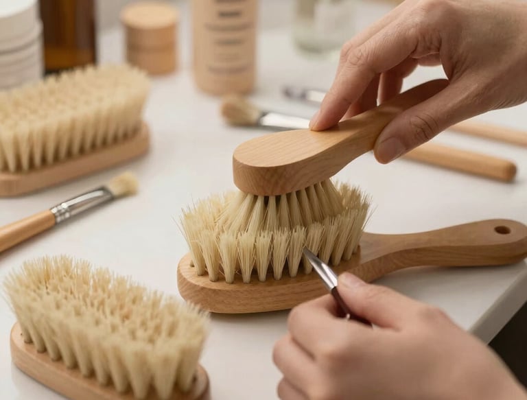 Close-up of skilled hands crafting natural bristle brushes in a warm, wooden workshop.