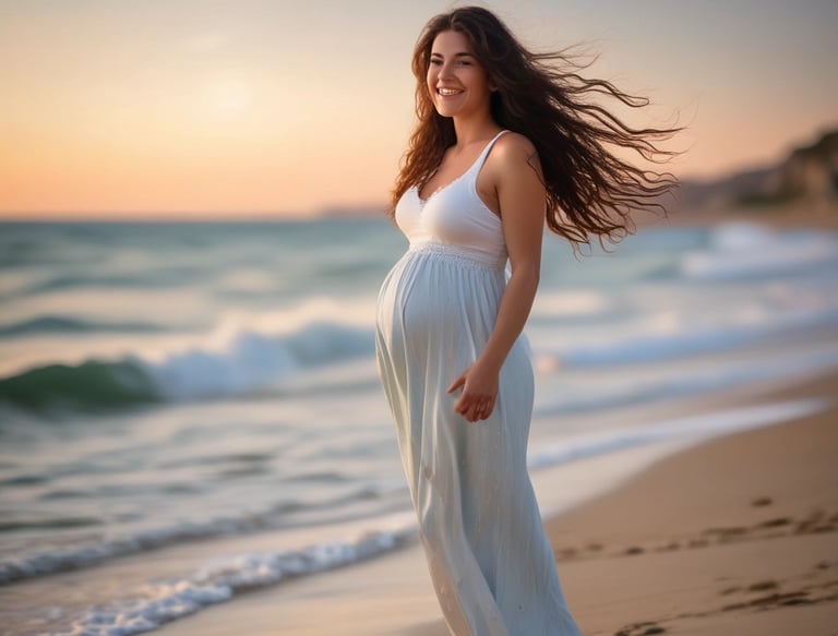 A warm and inviting image of a pregnant woman smiling while holding a bowl of fresh fruits and vegetables in a cozy kitchen.