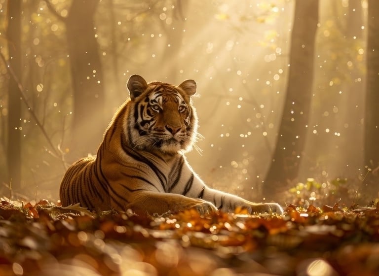 a tiger basking in the sunlight, which is filtering through trees in a jungle