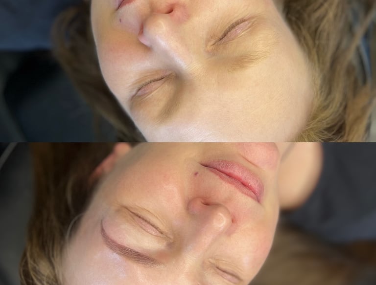 two people laying on a bed with their heads together