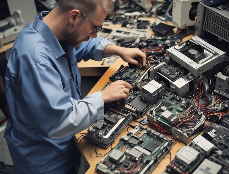 A friendly technician carefully sorting electronic waste in a bright, clean facility.