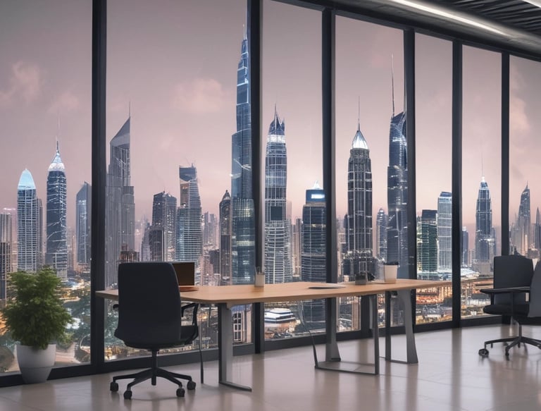 A person with short hair is sitting on an office chair, wearing a headset and a yellow shirt, while facing a computer screen. The desk is organized with two laptops, a keyboard, several potted plants, a desk lamp, and some electronics. The room has natural lighting coming from a window with wooden slats.