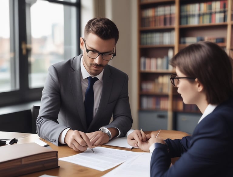 A professional consultant discussing legal documents with a client in a modern office setting.