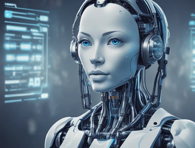 Large blue letters 'AI' stand prominently on a surface covered with a pattern of hexagonal shapes. Dark swirling lines intersect around the letters, creating a sense of motion and complexity. The background has a metallic sheen with a futuristic, digital style.