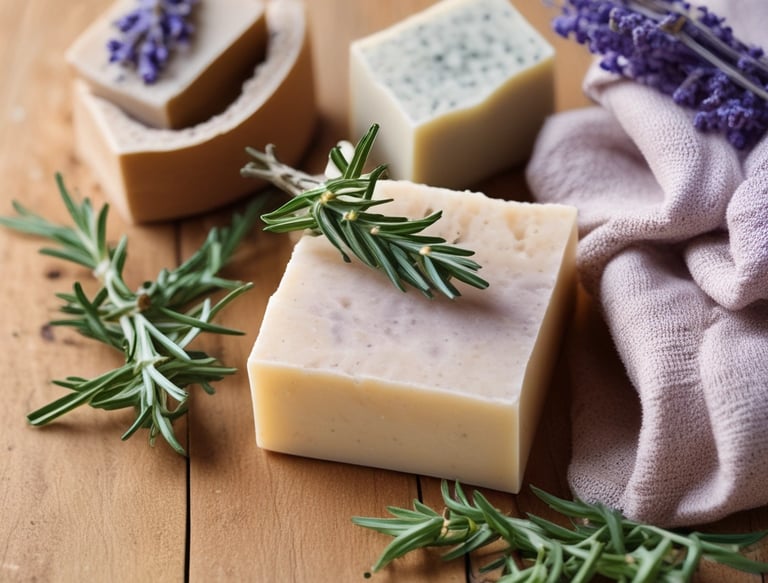 Two for hair care products, one labeled as a conditioner and the other as a shampoo, are placed on a folded white towel. There is also a green leafy plant visible beside the products. The items are set against a dark, textured surface, and the bottles prominently display branding for keratin and biotin products designed for men.
