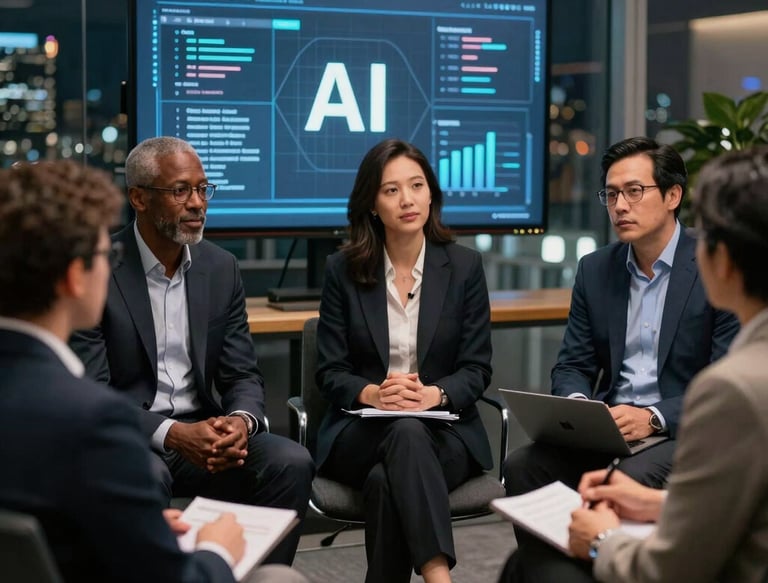 A diverse team gathered around a laptop, sharing ideas and building trust during an AI rollout.