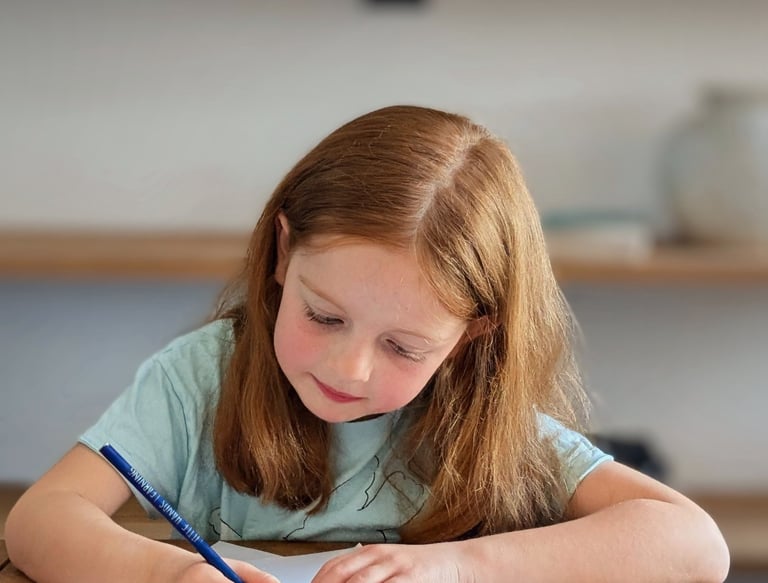 A young red-haired girl working for her key stage 2 tuition session on maths.