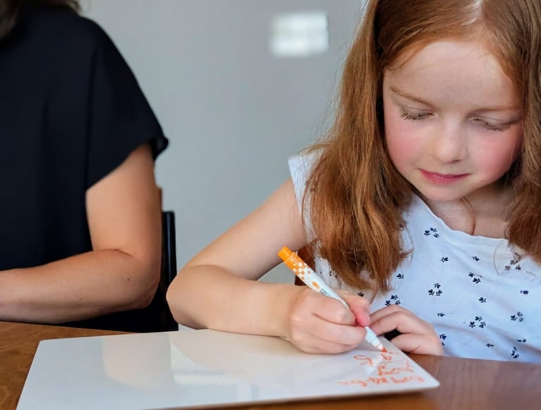 A young girl with red hair practicing math problems on a whiteboard for 11+ tutoring
