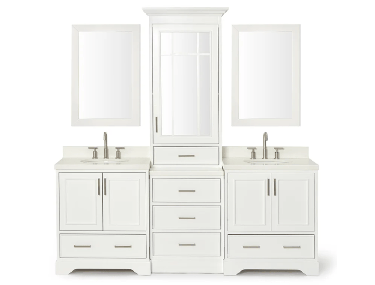 Cabinet, Quartz Vanity Top, Framed Mirrors, and Medicine Cabinet