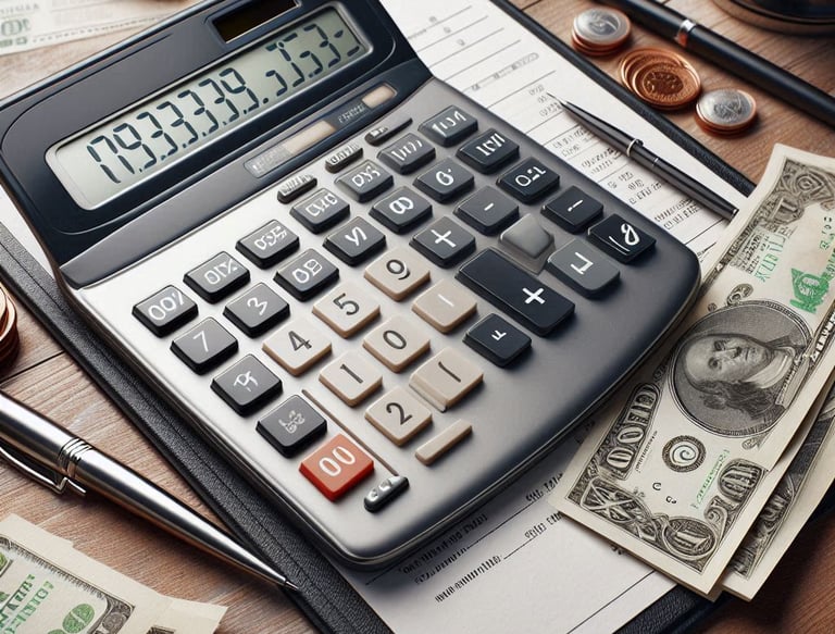 Imagem de uma calculadora, dinheiro e uma prancheta com contas descritas para pagamento