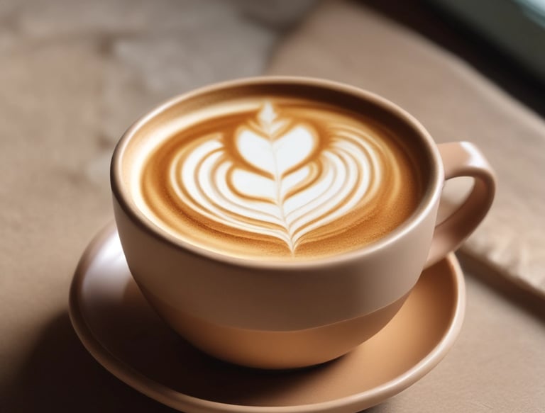 A white coffee cup with a cardboard sleeve featuring a green logo design, accompanied by scattered coffee beans in the foreground against a dark background.