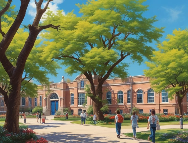 A building facade with the words 'Fuller Theological Seminary' above a set of arched doors, surrounded by lush green trees and neatly manicured lawns. The entrance is accessed by a short staircase, with a bench and pathway leading to it.