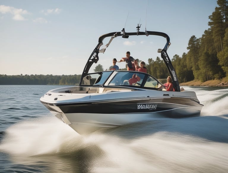 A small aluminum boat rests on the shore with waves gently lapping against it. The boat features an outboard motor branded as Mariner, and a registration label appears on its side. Inside the boat, a piece of clothing or fabric is casually laid over a seat.