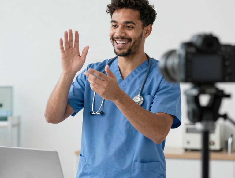 A diverse group of healthcare professionals and influencers collaborating in a bright modern office.