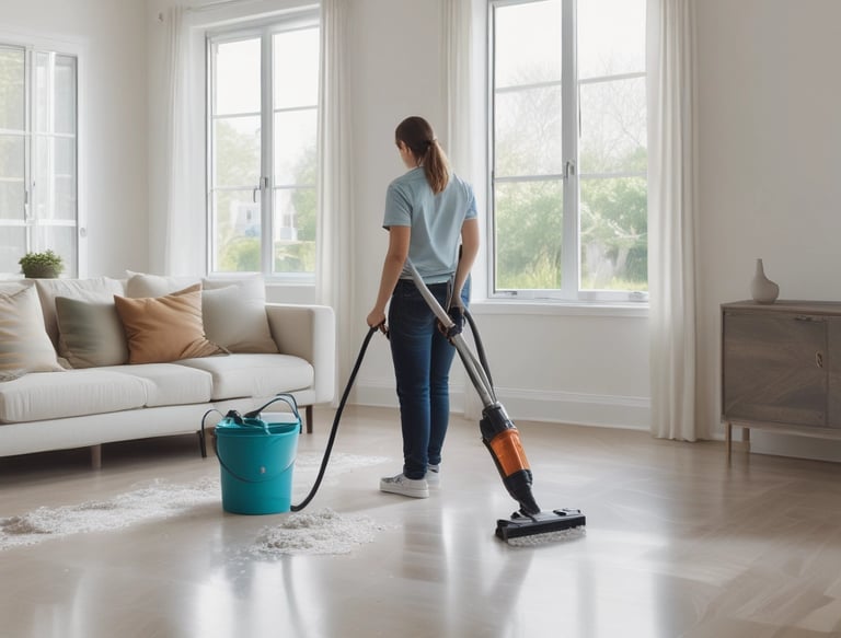 A friendly pm express team member carefully cleaning a bright, sunlit living room.