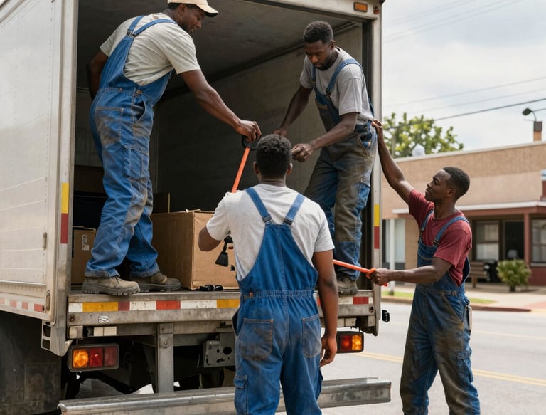Close-up of a professional driver securing heavy machinery on a flatbed trailer with bright safety gear.