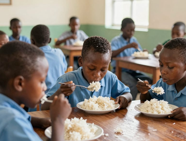 A vibrant market stall stacked with colorful rice bags labeled Mlinzi Rice.