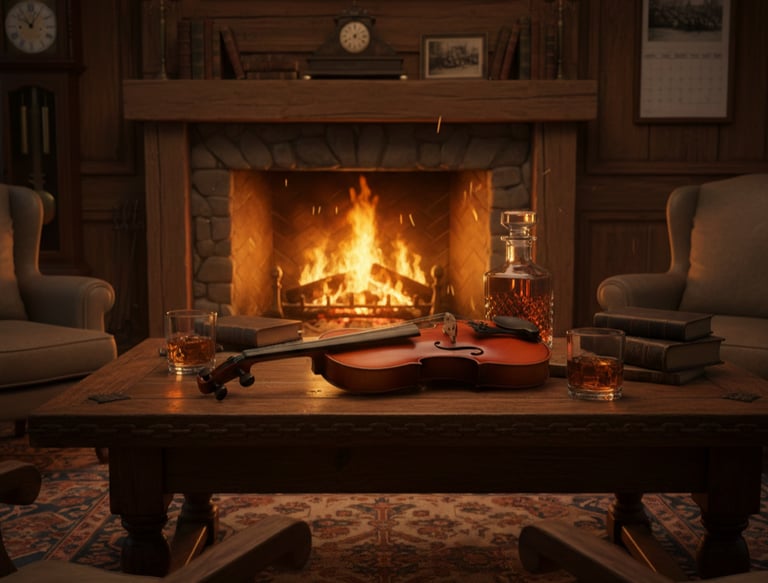 A violin and glasses of whiskey on a wooden table in front of a cozy stone fireplace.