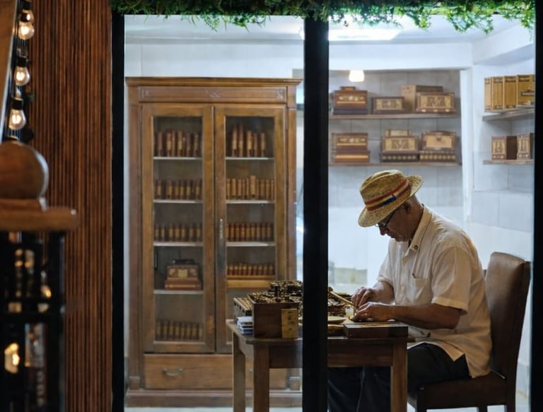 Professional Cuban cigar roller in a hat crafting tobacco in a traditional humidor shop.