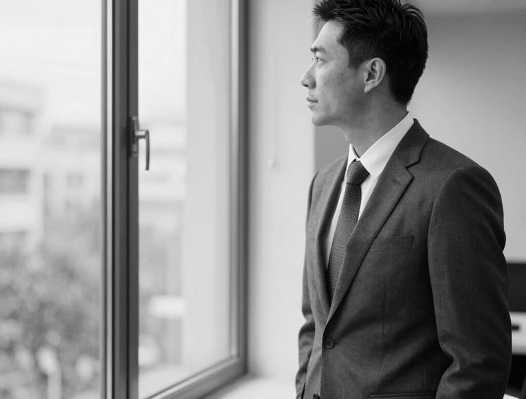 Professional headshot of a confident legal consultant in a minimalist office setting.