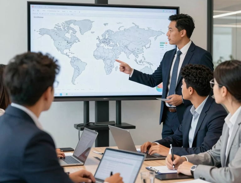 A professional team discussing international trade strategies around a conference table.