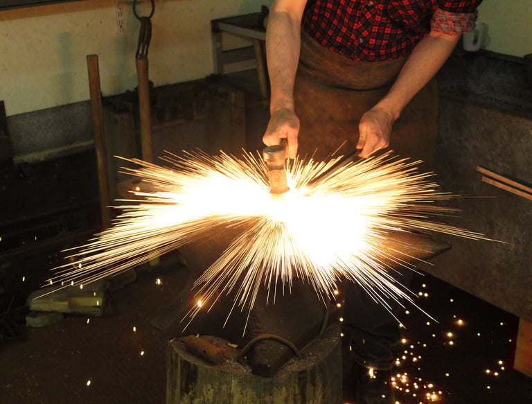 Professional blacksmith at Eitri Forge shaping glowing orange steel on an anvil