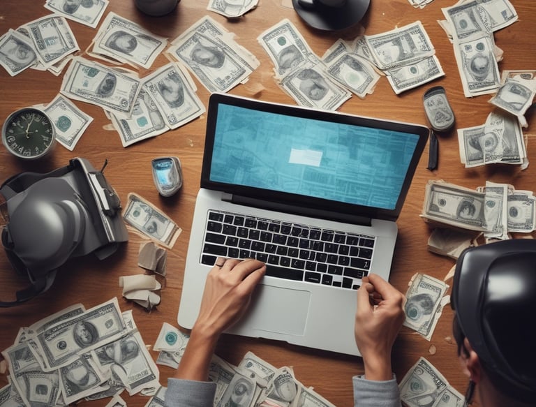 Close-up of hands typing on a laptop with financial charts on the screen.
