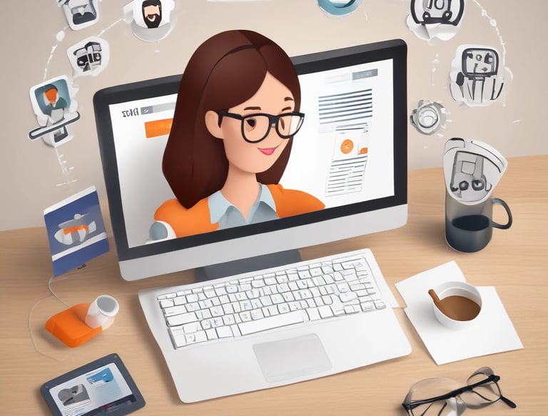 A friendly virtual assistant icon surrounded by digital marketing symbols like graphs and ads.