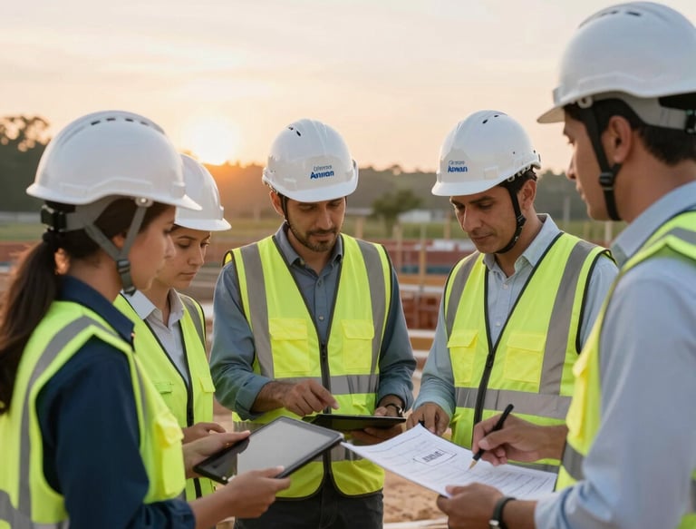 A panoramic view of a modern industrial construction site at sunset.