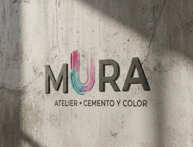  Logotipo minimalista de la marca MURA con acentos coloridos sobre una pared de cemento texturizado