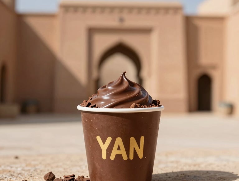 A smiling customer enjoying a piece of rich, glossy chocolate in a cozy setting.