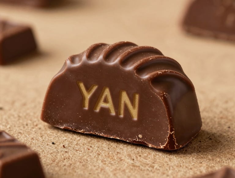 A smiling customer enjoying a piece of rich, glossy chocolate in a cozy setting.