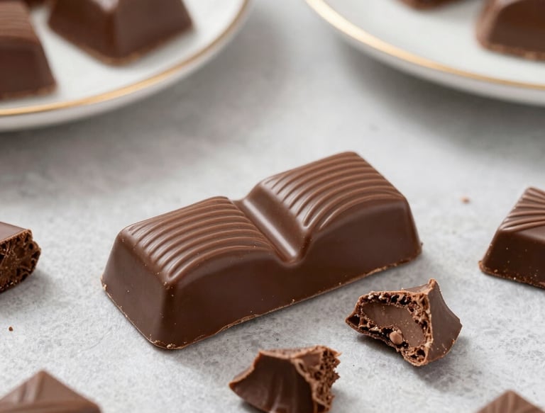 A smiling customer enjoying a piece of rich, glossy chocolate in a cozy setting.