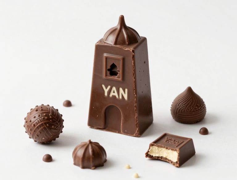 A smiling customer enjoying a piece of rich, glossy chocolate in a cozy setting.